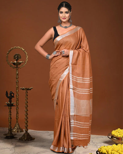 Indiehaat | Linen Hand Dyed Strped Pallu Saree Brown