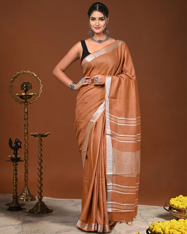 Indiehaat | Linen Hand Dyed Strped Pallu Saree Brown