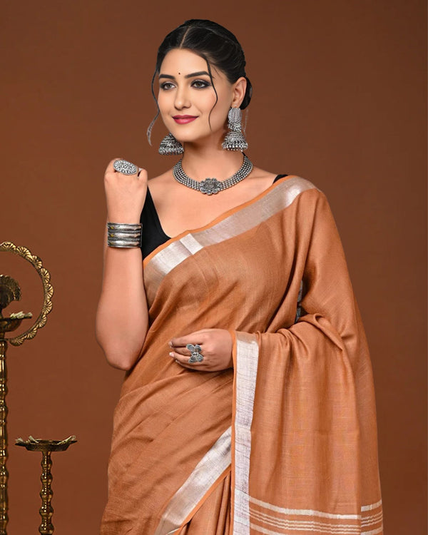 Indiehaat | Linen Hand Dyed Strped Pallu Saree Brown