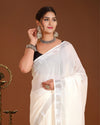 Indiehaat | Linen Hand Dyed Strped Pallu Saree White