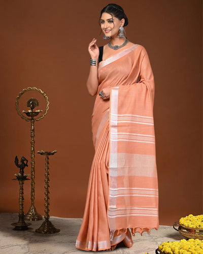 Indiehaat | Linen Hand Dyed Strped Pallu Saree Peach