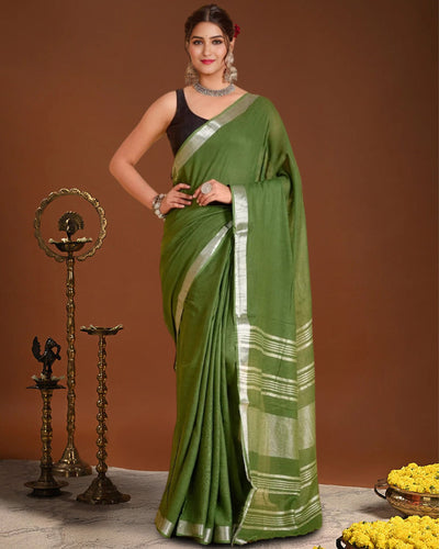 Indiehaat | Linen Hand Dyed Strped Pallu Saree Green