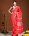 Indiehaat | Linen Hand Dyed Strped Pallu Saree Red