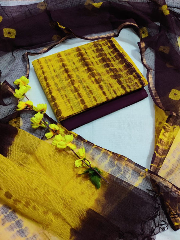 Indiehaat | Kota Cotton Shibori Suit Set Yellow & Maroon