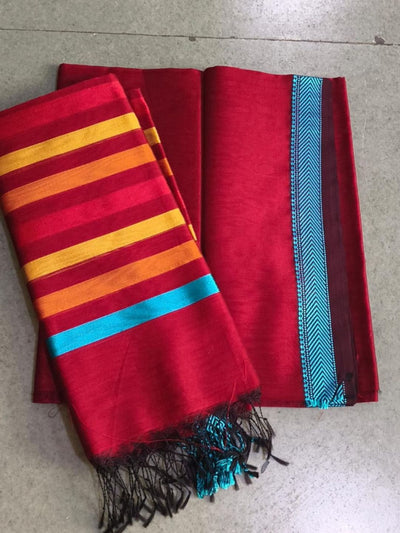 Indiehaat | Maheshwari Silk Cotton Border Suit Red