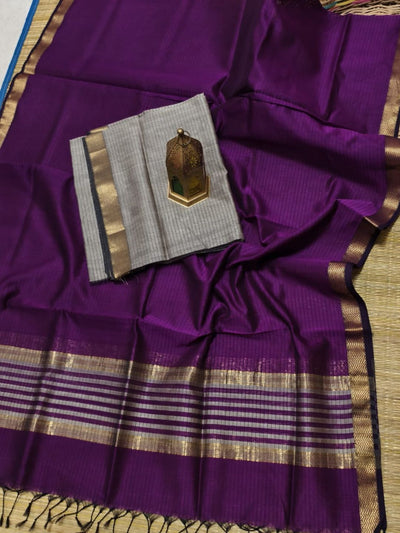 Indiehaat | Maheshwari Silk Zari Border Suit Gray