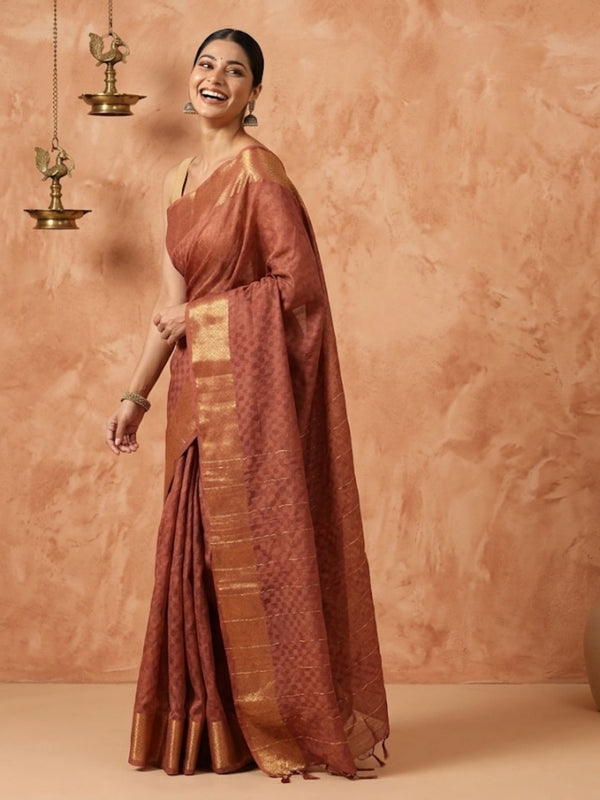 Indiehaat | Hand Dyed Dupion Silk Saree Brown