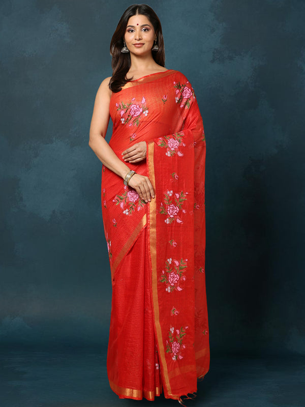 Indiehaat | Kota Silk Embroidered Saree Red