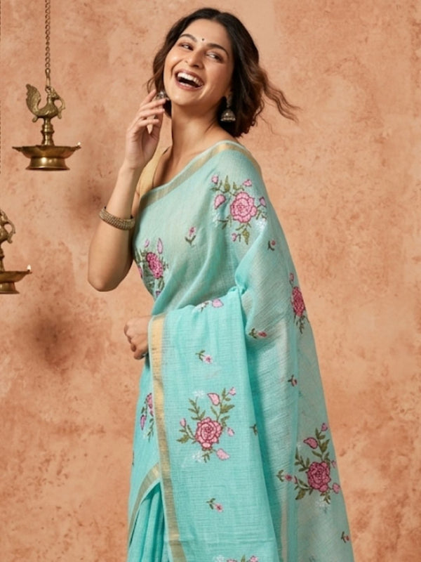 Indiehaat | Hand Dyed Kota Silk Embroidery Saree Blue