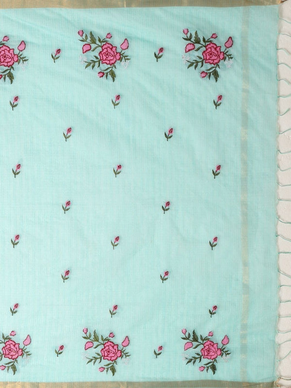 Indiehaat | Hand Dyed Kota Silk Embroidery Saree Blue