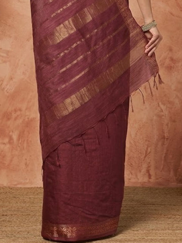 Indiehaat | Hand Dyed Kota Silk Zari Striped Saree Brown