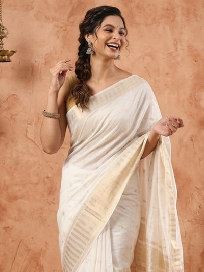 Indiehaat | Hand Dyed Kota Silk Jacquard Saree Off White
