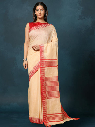 Indiehaat | Kota Silk Hand Dyed Temple Border Saree Beige