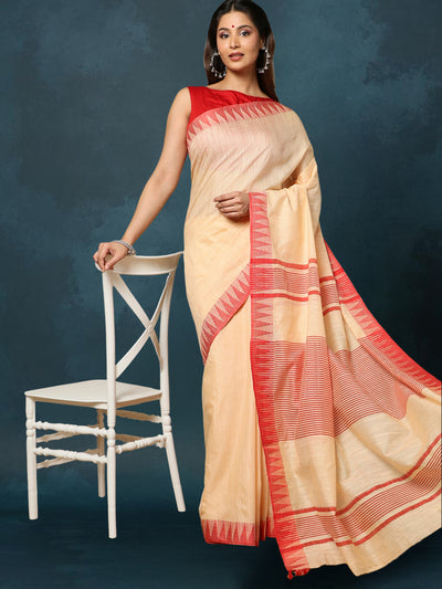 Indiehaat | Kota Silk Hand Dyed Temple Border Saree Beige