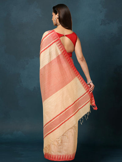 Indiehaat | Kota Silk Hand Dyed Temple Border Saree Beige