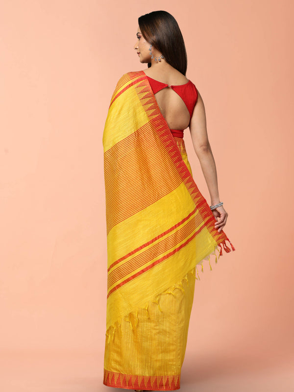Indiehaat | Kota Silk Hand Dyed Temple Border Saree Yellow