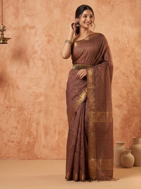 Indiehaat | Hand Dyed Kota Silk Check Saree Brown