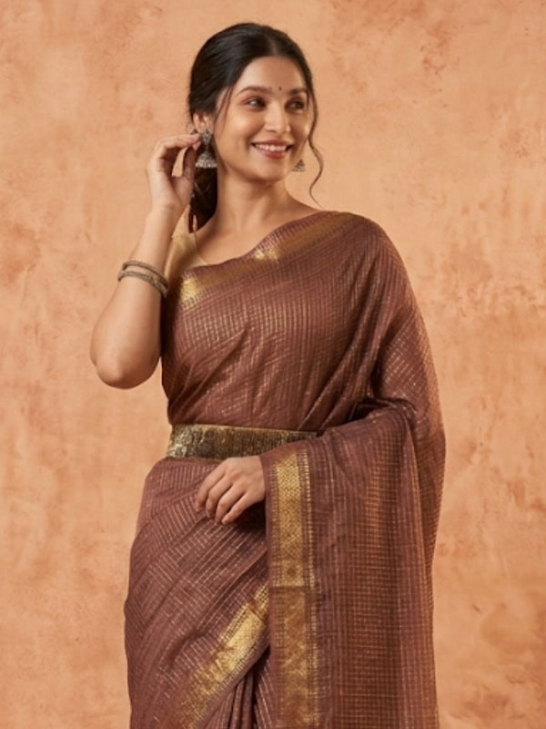 Indiehaat | Hand Dyed Kota Silk Check Saree Brown