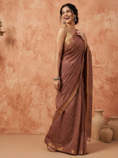 Indiehaat | Hand Dyed Kota Silk Check Saree Brown