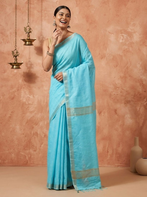 Indiehaat | Hand Dyed Kota Banarasi Silk Saree Blue