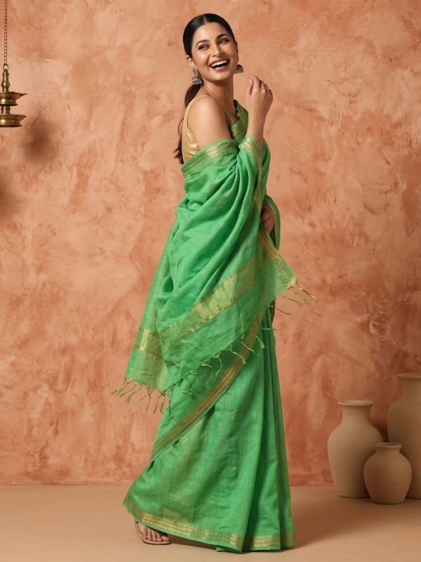Indiehaat | Hand Dyed Kota Banarasi Silk Saree Green