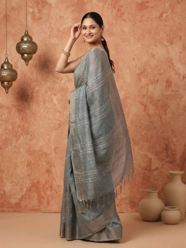 Indiehaat | Hand Dyed Kota Silk Kantha Saree Gray