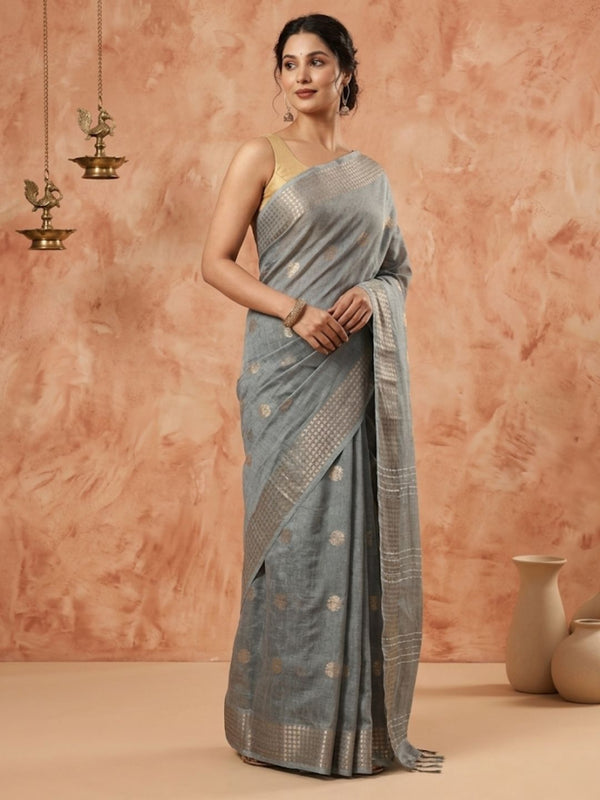 Indiehaat | Hand Dyed Kota Silk Kantha Saree Gray