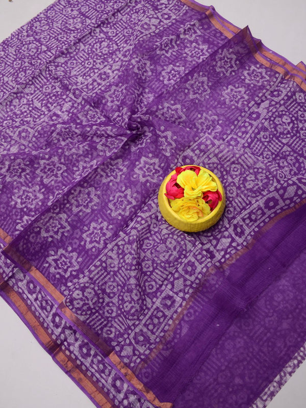 Indiehaat|Kota Doria Handloom Batik Saree Purple