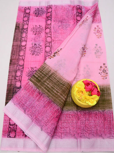 Indiehaat | Kota Doria Blockprint Saree Pink