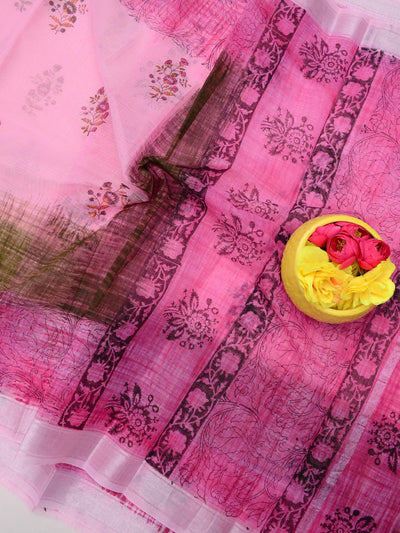 Indiehaat | Kota Doria Blockprint Saree Pink