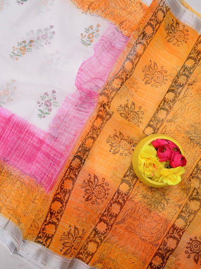 Indiehaat | Kota Doria Blockprint Saree White