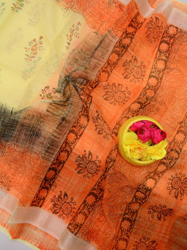 Indiehaat | Kota Doria Blockprint Saree Peach