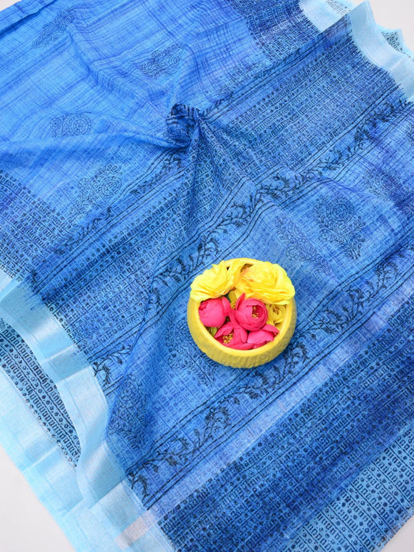 Indiehaat | Kota Doria Blockprint Saree Blue