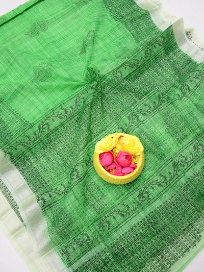 Indiehaat | Kota Doria Blockprint Saree Green