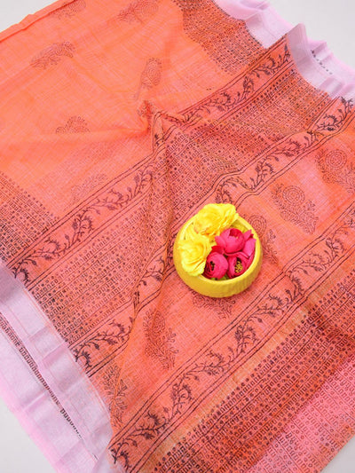 Indiehaat | Kota Doria Blockprint Saree Peach