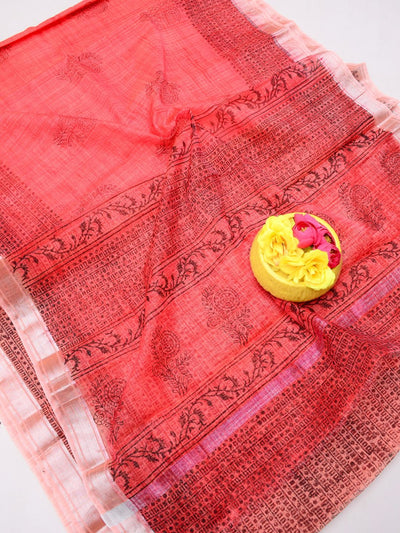Indiehaat | Kota Doria Blockprint Saree Peach