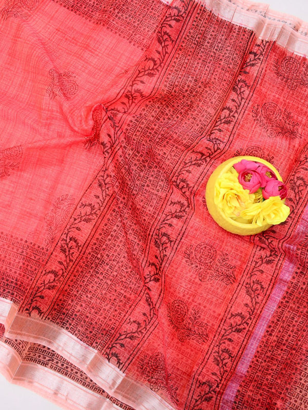 Indiehaat | Kota Doria Blockprint Saree Peach