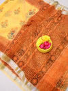Indiehaat | Kota Doria Blockprint Saree Yellow