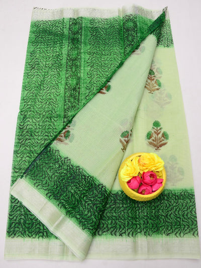 Indiehaat | Kota Doria Blockprint Saree Green