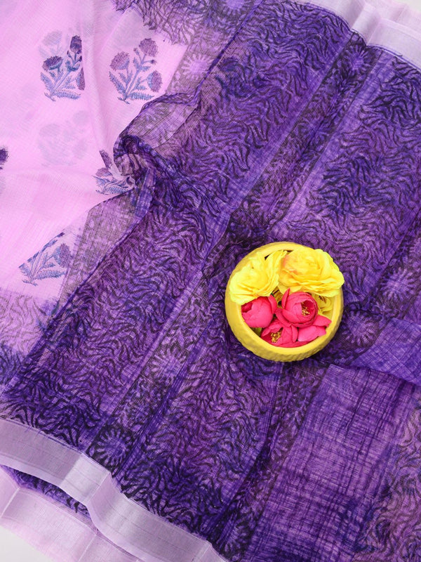 Indiehaat | Kota Doria Blockprint Saree Purple