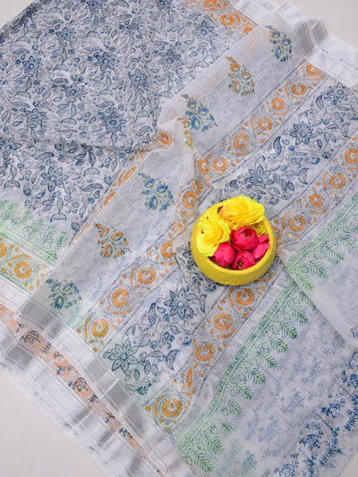 Indiehaat | Kota Doria Blockprint Saree Gray