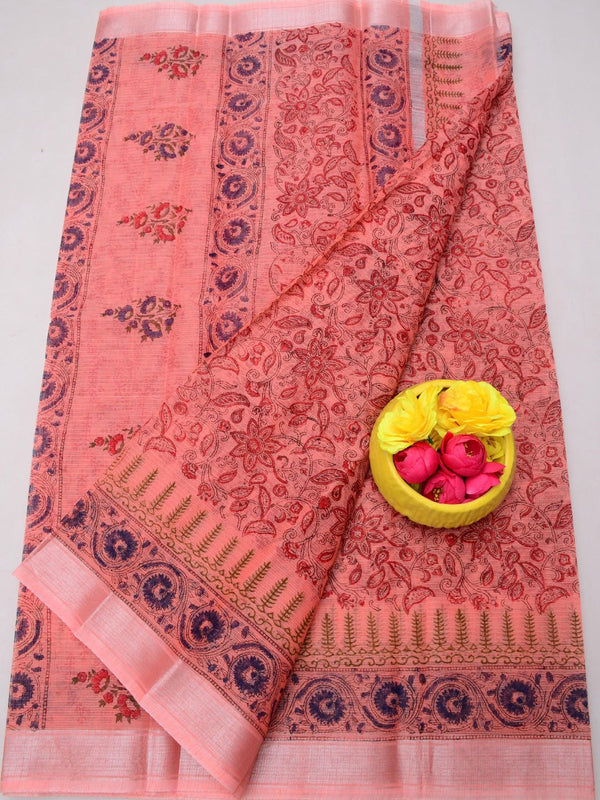 Indiehaat | Kota Doria Blockprint Saree Peach