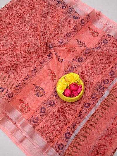 Indiehaat | Kota Doria Blockprint Saree Peach