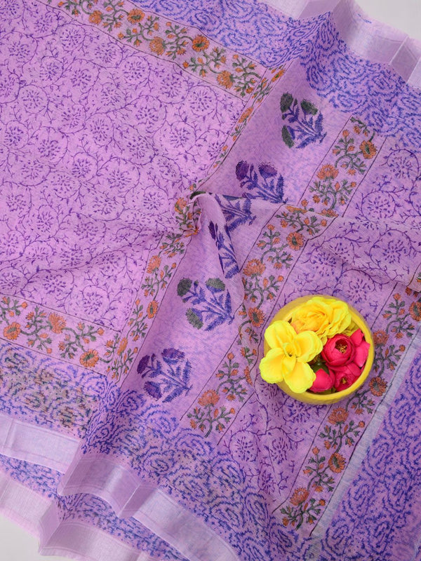 Indiehaat | Kota Doria Blockprint Saree Purple