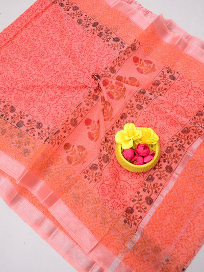 Indiehaat | Kota Doria Blockprint Saree Peach