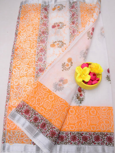 Indiehaat | Kota Doria Blockprint Saree White
