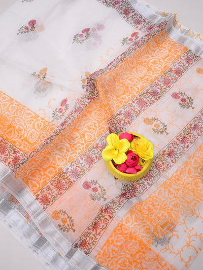 Indiehaat | Kota Doria Blockprint Saree White