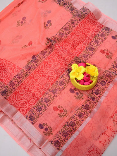 Indiehaat | Kota Doria Blockprint Saree Peach