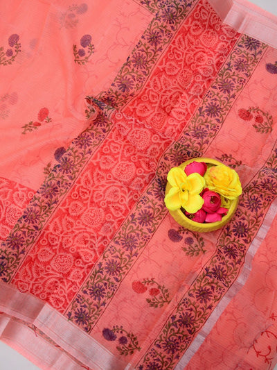 Indiehaat | Kota Doria Blockprint Saree Peach