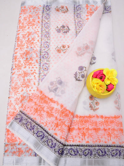 Indiehaat | Kota Doria Blockprint Saree White